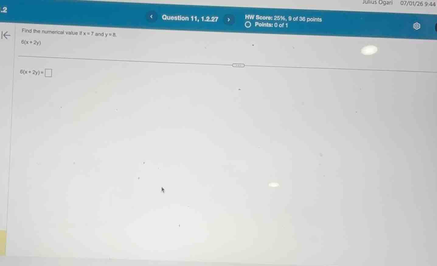 find the numerical value if \\(x = 7\\) and \\(y = 8\\). \\6(x + 2y)\\ …