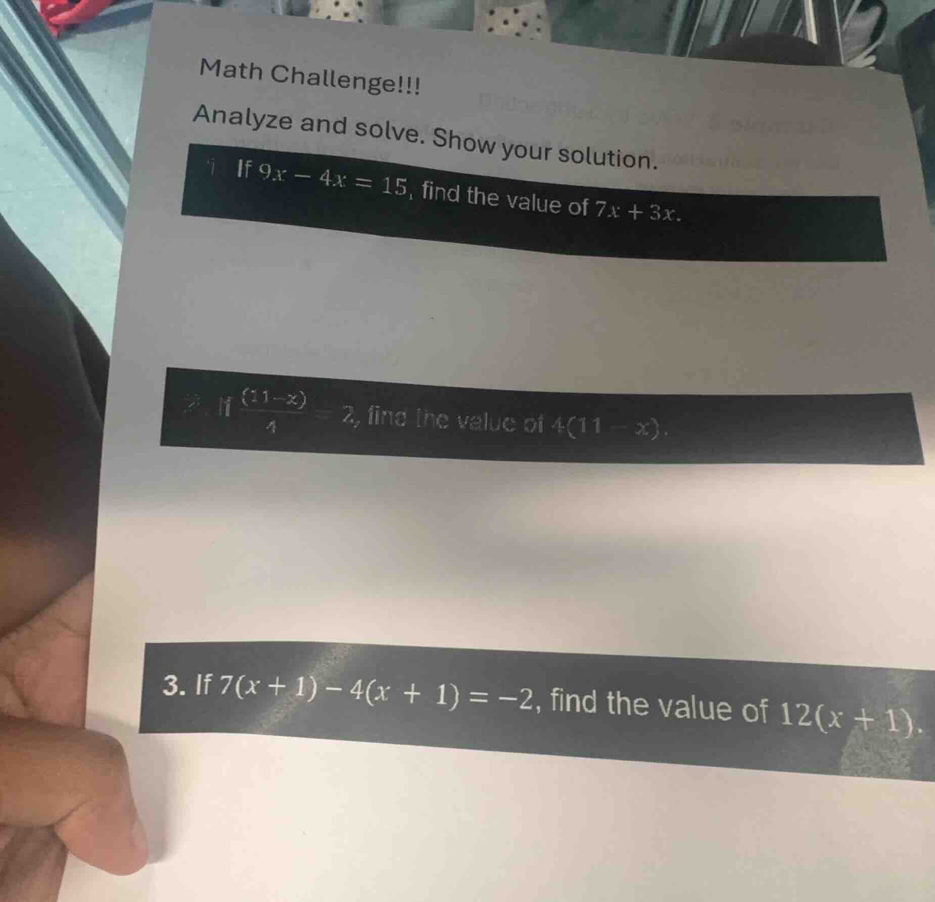 math challenge!!! analyze and solve. show your solution. 1. if (9x - 4x…