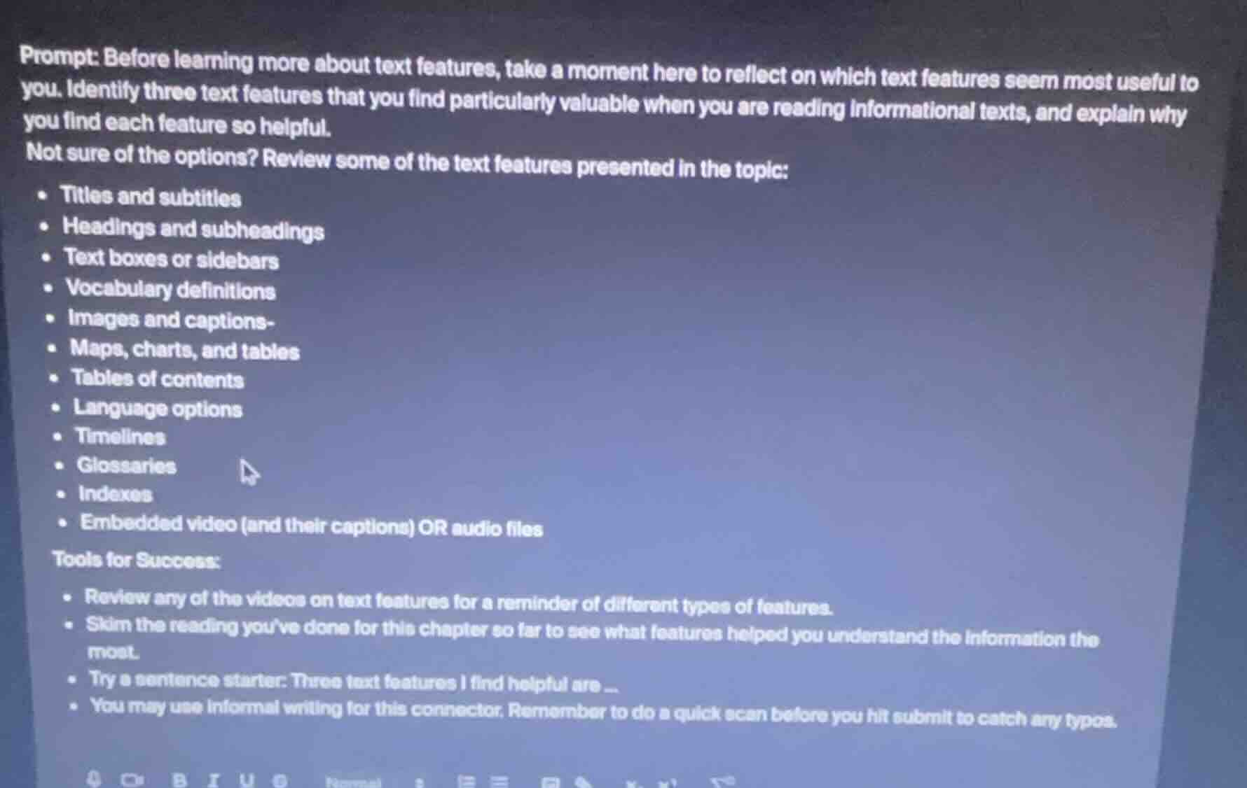 prompt: before learning more about text features, take a moment here to…