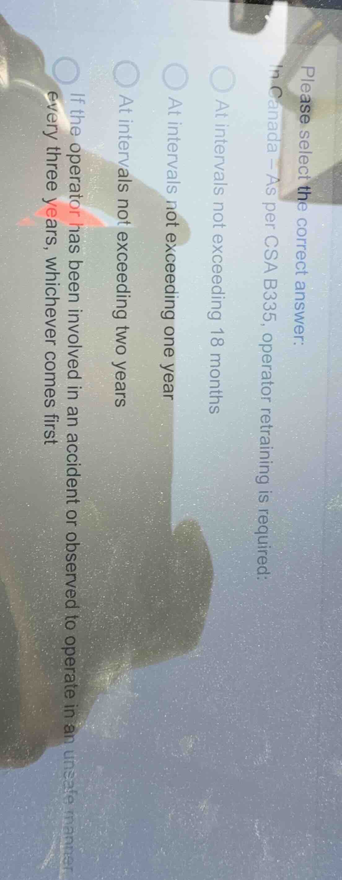 please select the correct answer: in canada - as per csa b335, operator…