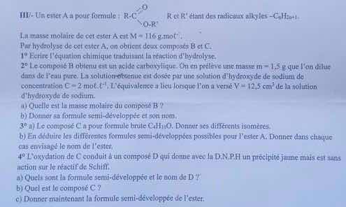 iii/- un ester a a pour formule : \\(\\text{r-c}_{\\backslash \\text{o-…