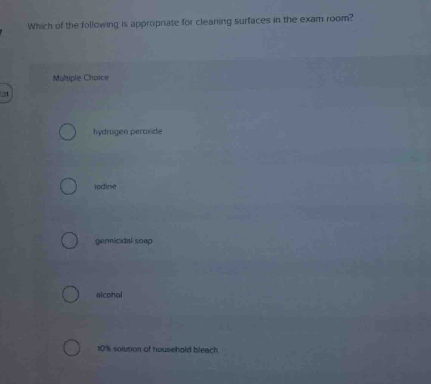 which of the following is appropriate for cleaning surfaces in the exam…