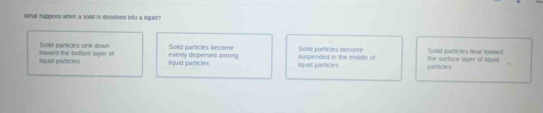 what happens when a solid is dissolved into a liquid? solid particles s…