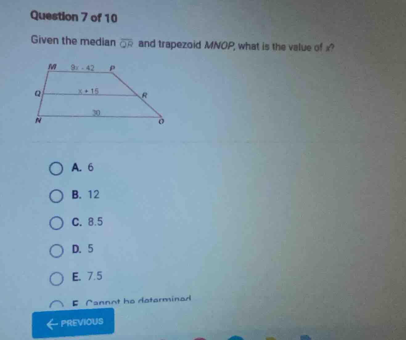 question 7 of 10 given the median \\(\\overline{qr}\\) and trapezoid \\…
