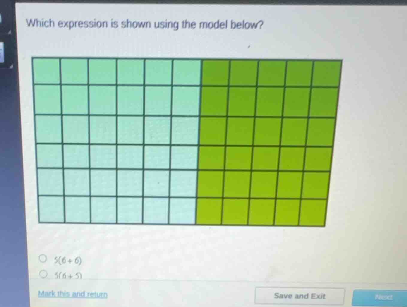 which expression is shown using the model below? \\(5(6+6)\\) \\(5(6+5)…