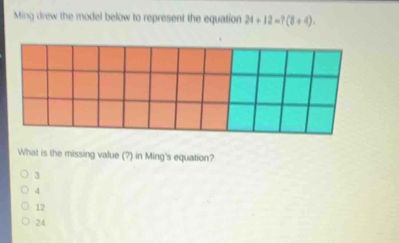 ming drew the model below to represent the equation \\(24 + 12 = ?(8 + …