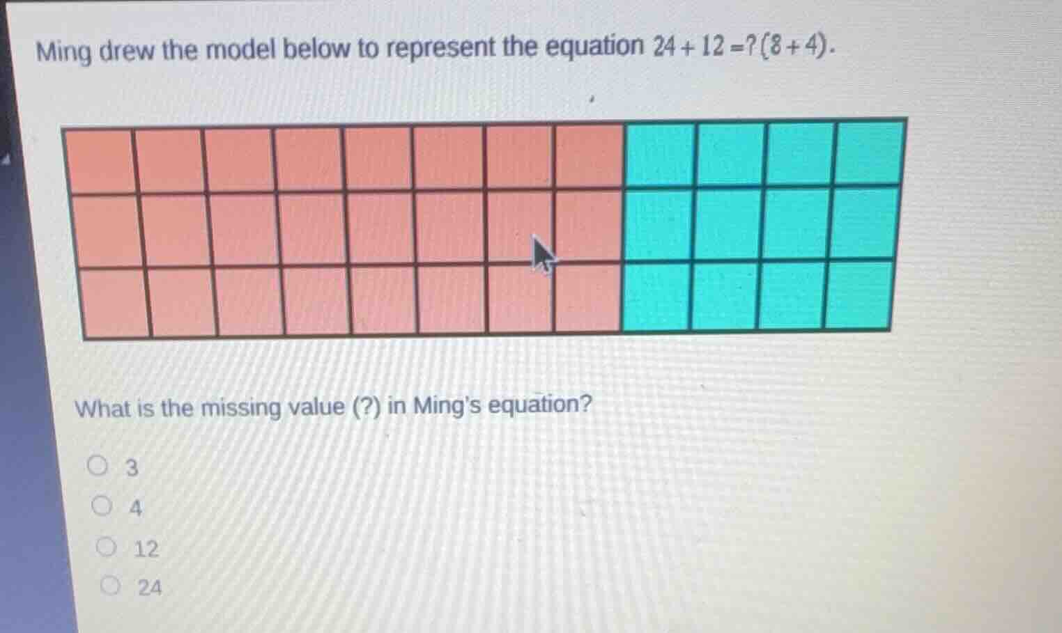 ming drew the model below to represent the equation \\(24 + 12 = ?(8 + …
