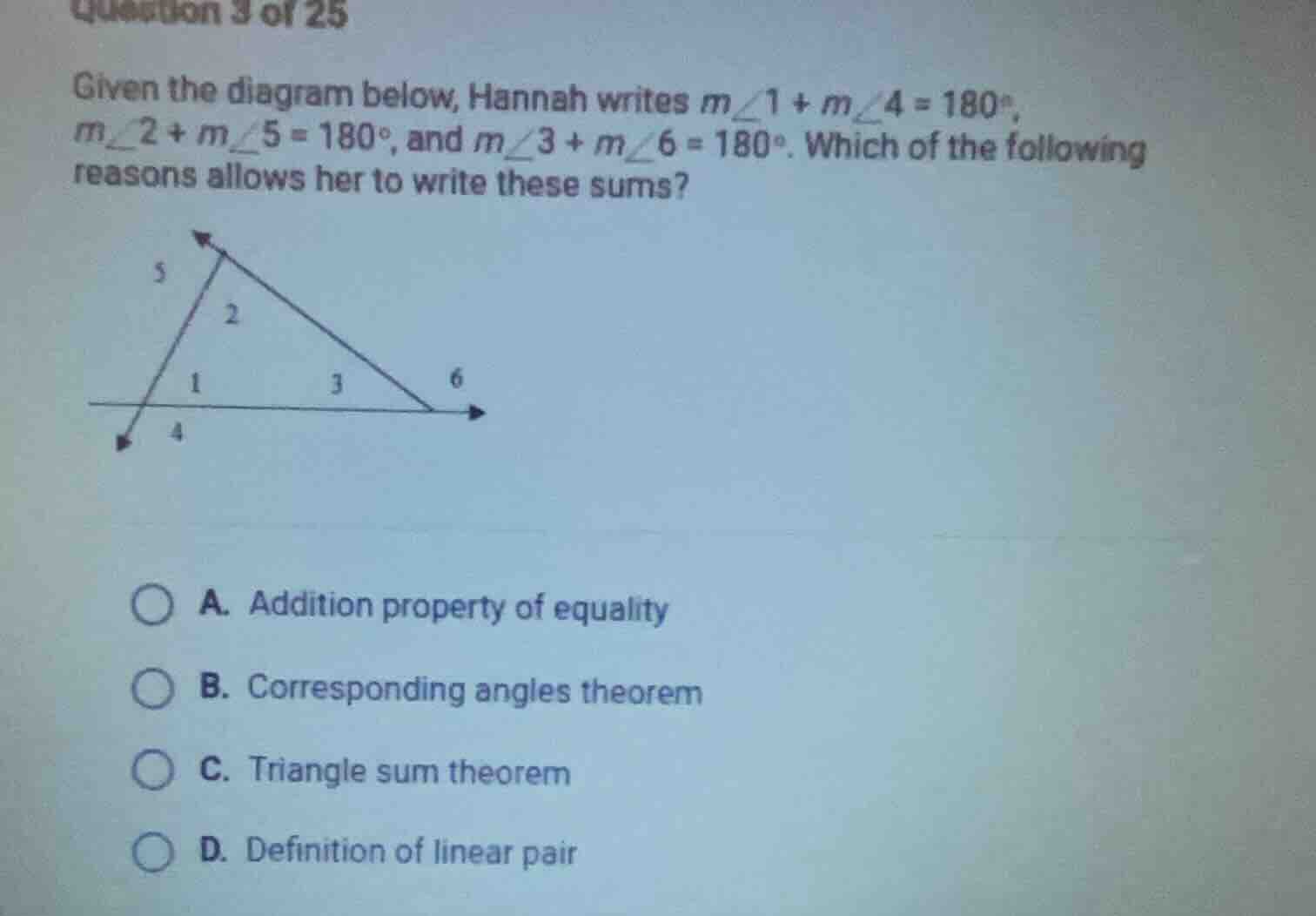 given the diagram below, hannah writes \\(m\\angle 1 + m\\angle 4 = 180…