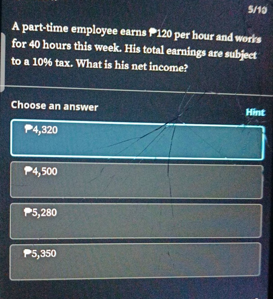 a part-time employee earns \\( \\text{p}120 \\) per hour and works for …