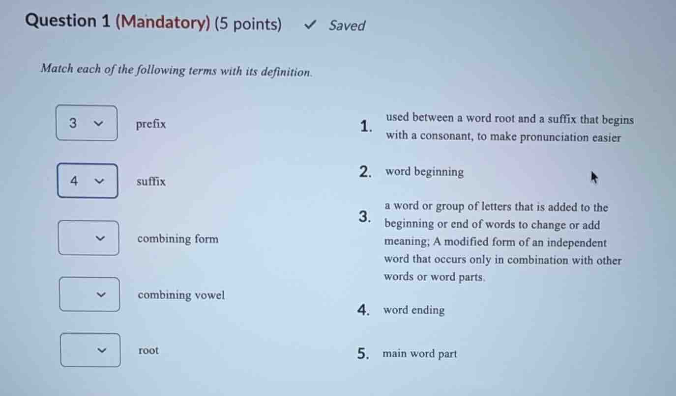 match each of the following terms with its definition. prefix suffix co…