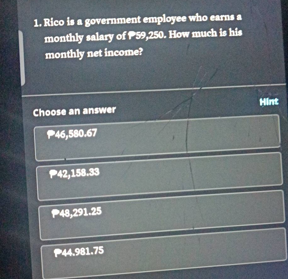 1. rico is a government employee who earns a monthly salary of \\( \\te…