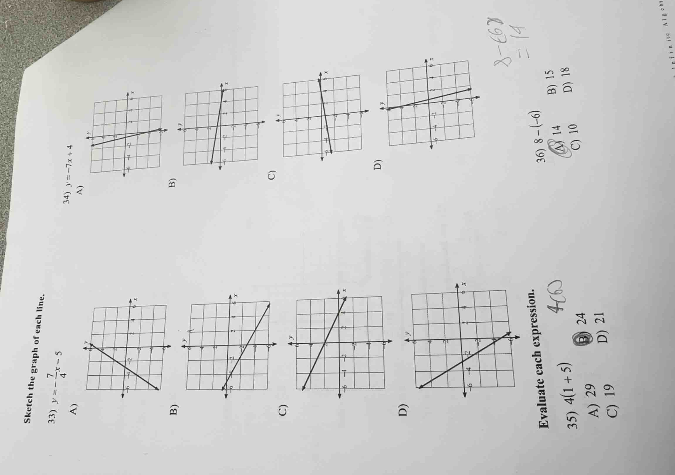 sketch the graph of each line. 33) \\(y = -\\frac{7}{4}x - 5\\) 34) \\(…