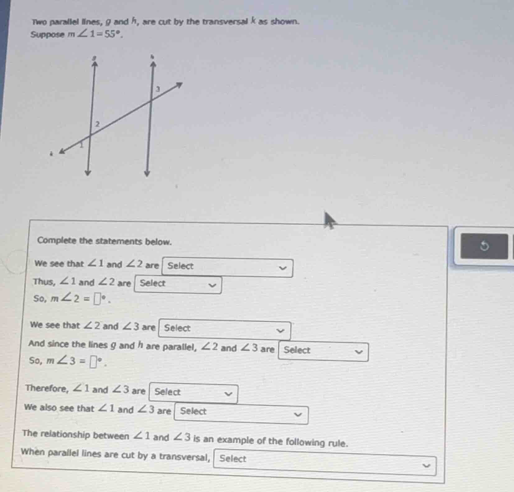 two parallel lines, (g) and (h), are cut by the transversal (k) as show…
