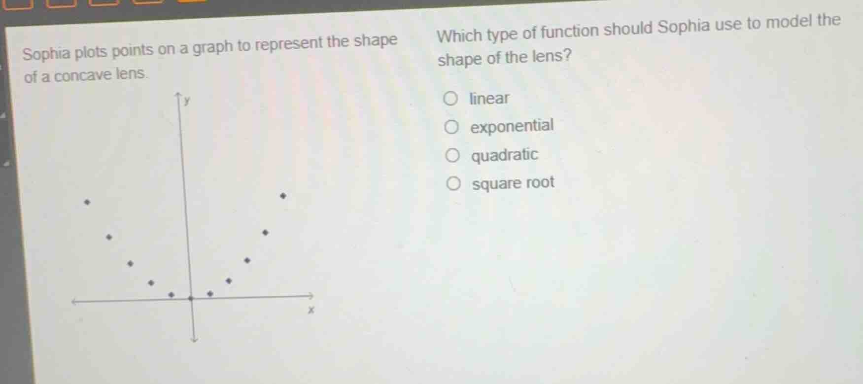 sophia plots points on a graph to represent the shape of a concave lens…