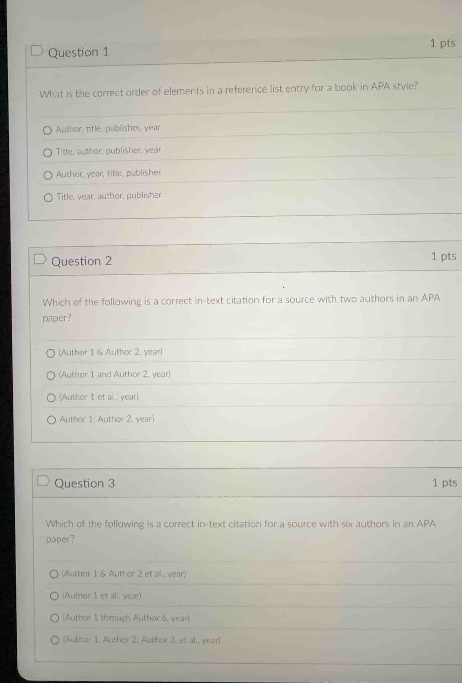 question 1 what is the correct order of elements in a reference list en…