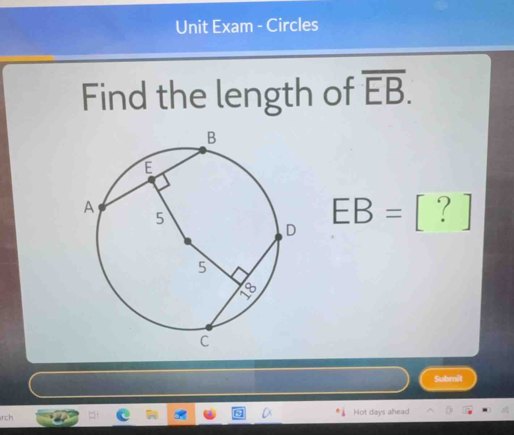 unit exam - circles find the length of \\(\\overline{eb}\\). \\(eb = ?\…