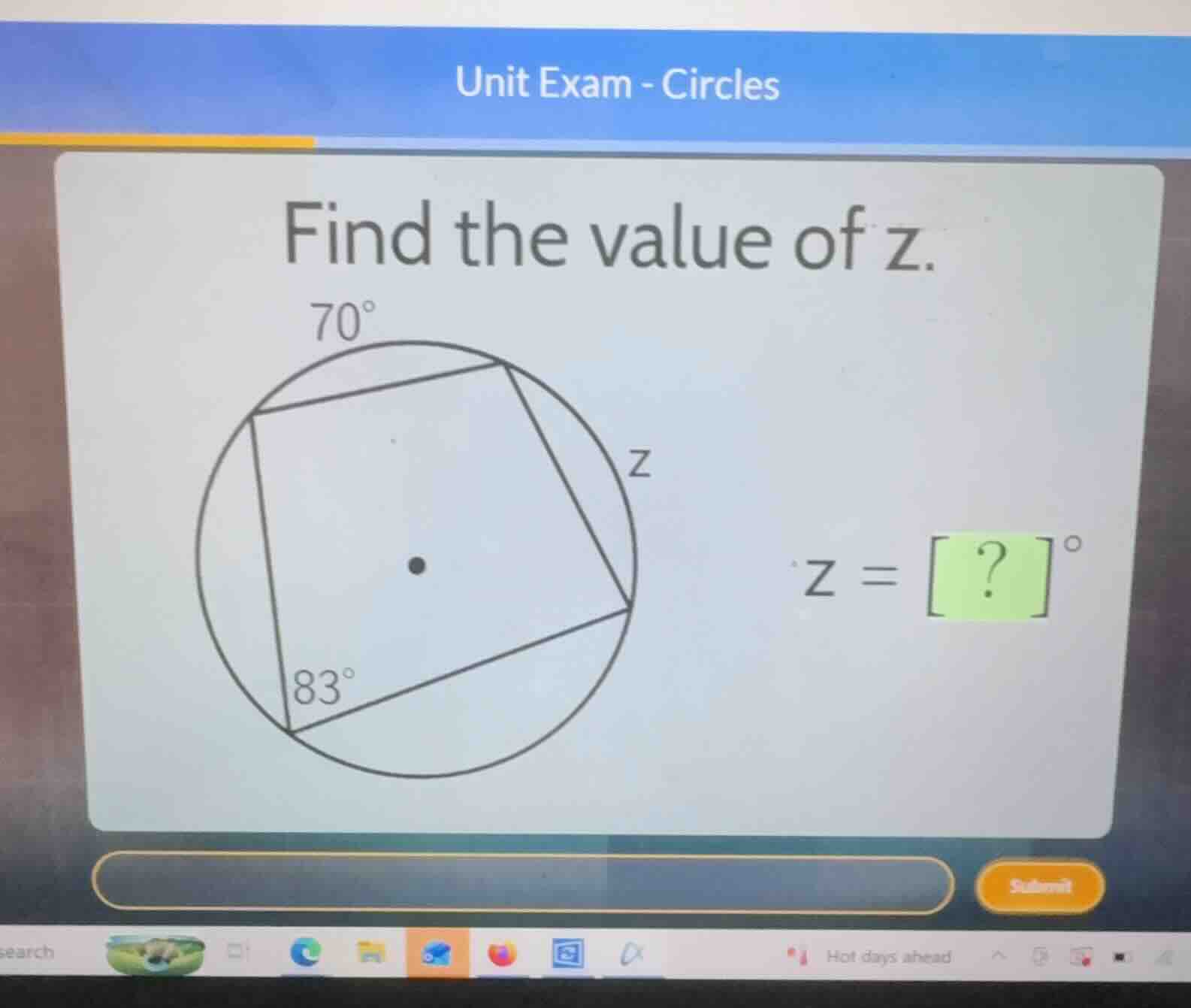 unit exam - circles find the value of z. \\(z = ?^\\circ\\)