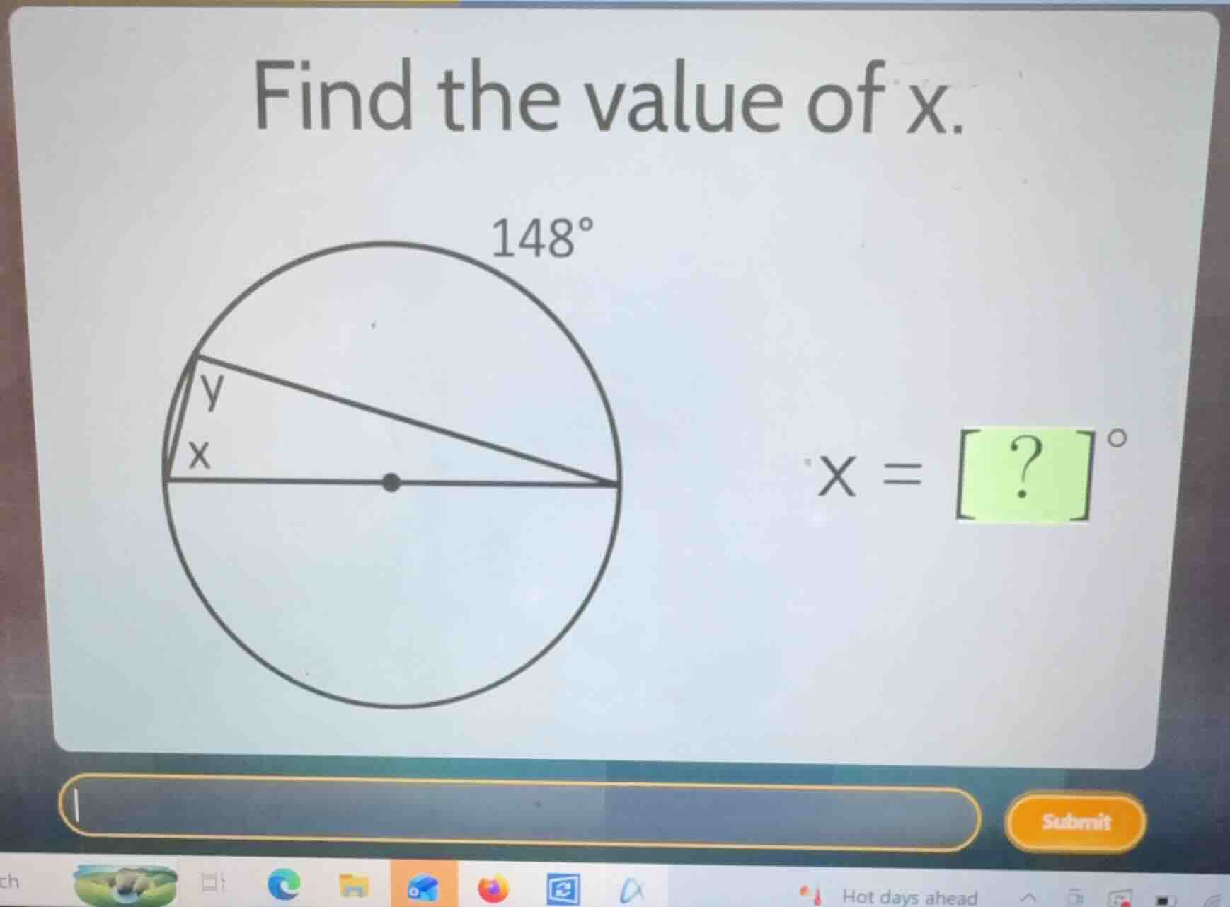 find the value of \\(x\\). \\(x = ?^\\circ\\)