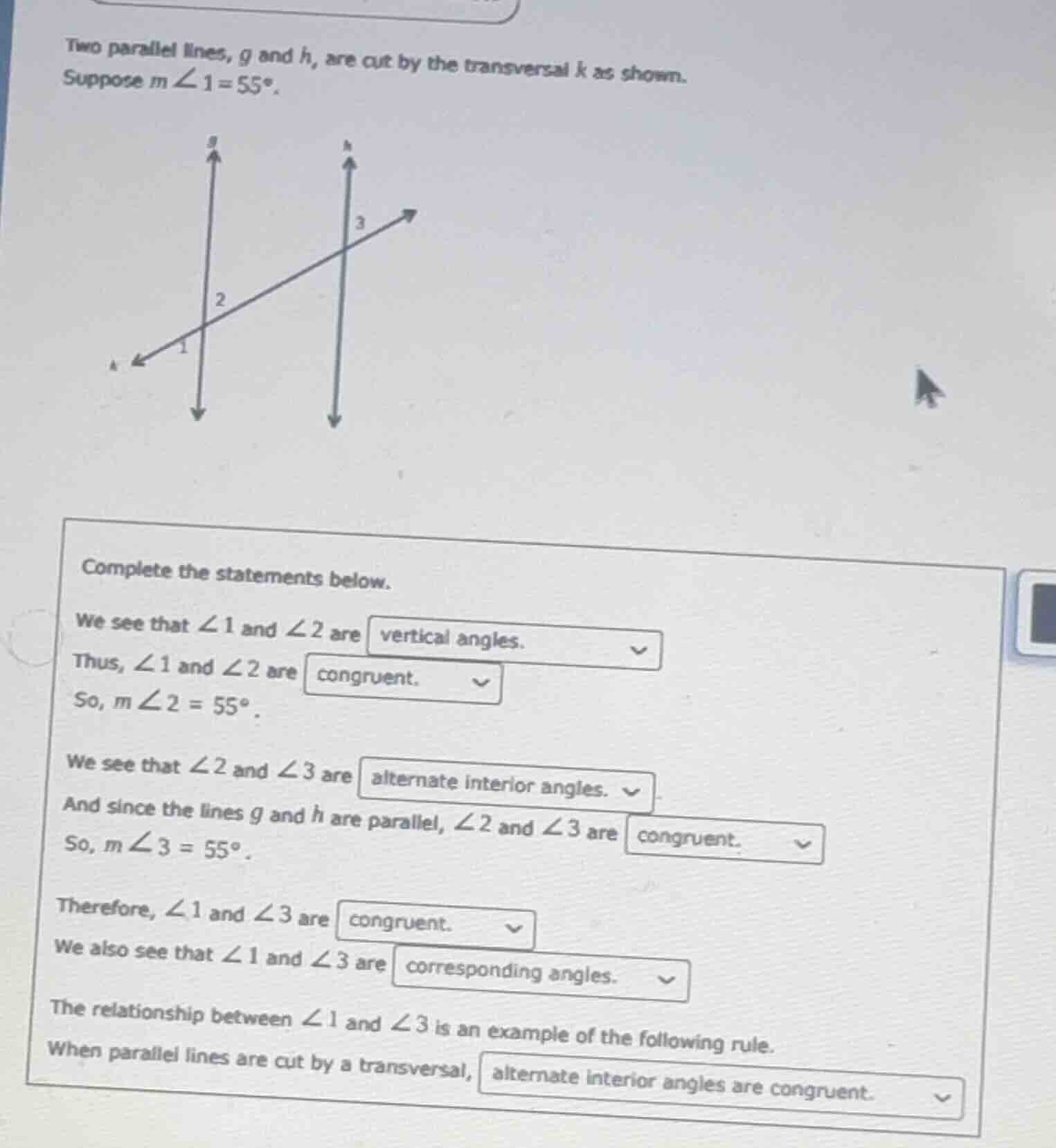 two parallel lines, (g) and (h), are cut by the transversal (k) as show…