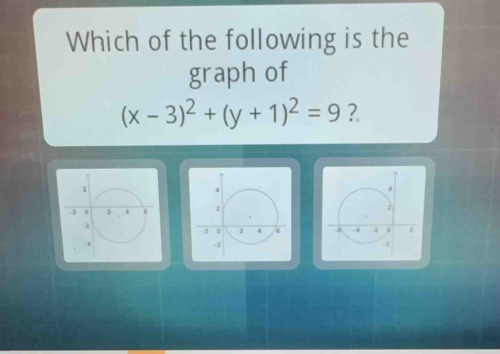 which of the following is the graph of \\((x - 3)^2 + (y + 1)^2 = 9\\)?