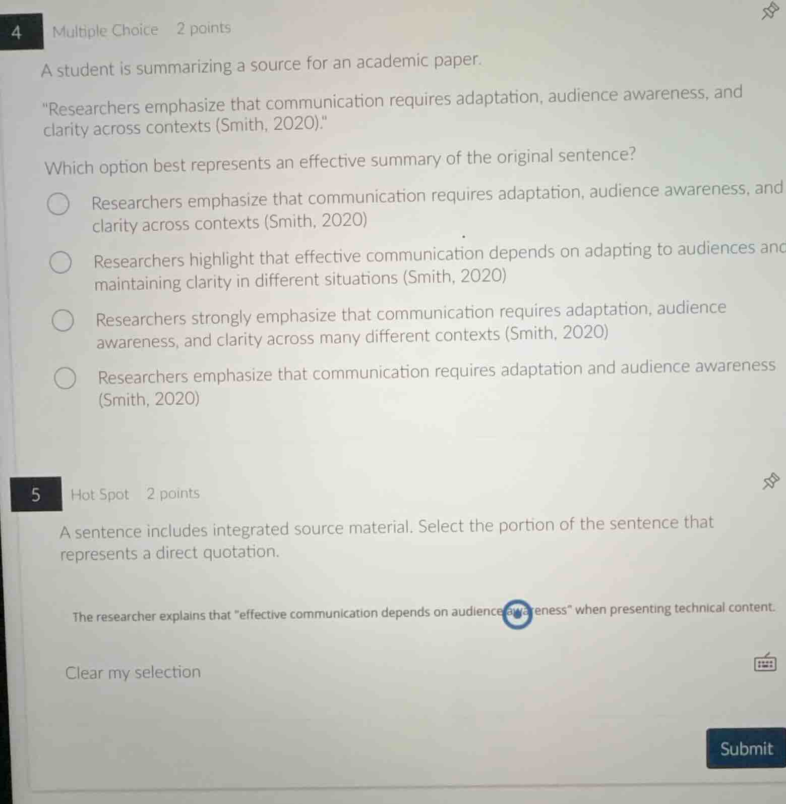 4 multiple choice 2 points a student is summarizing a source for an aca…