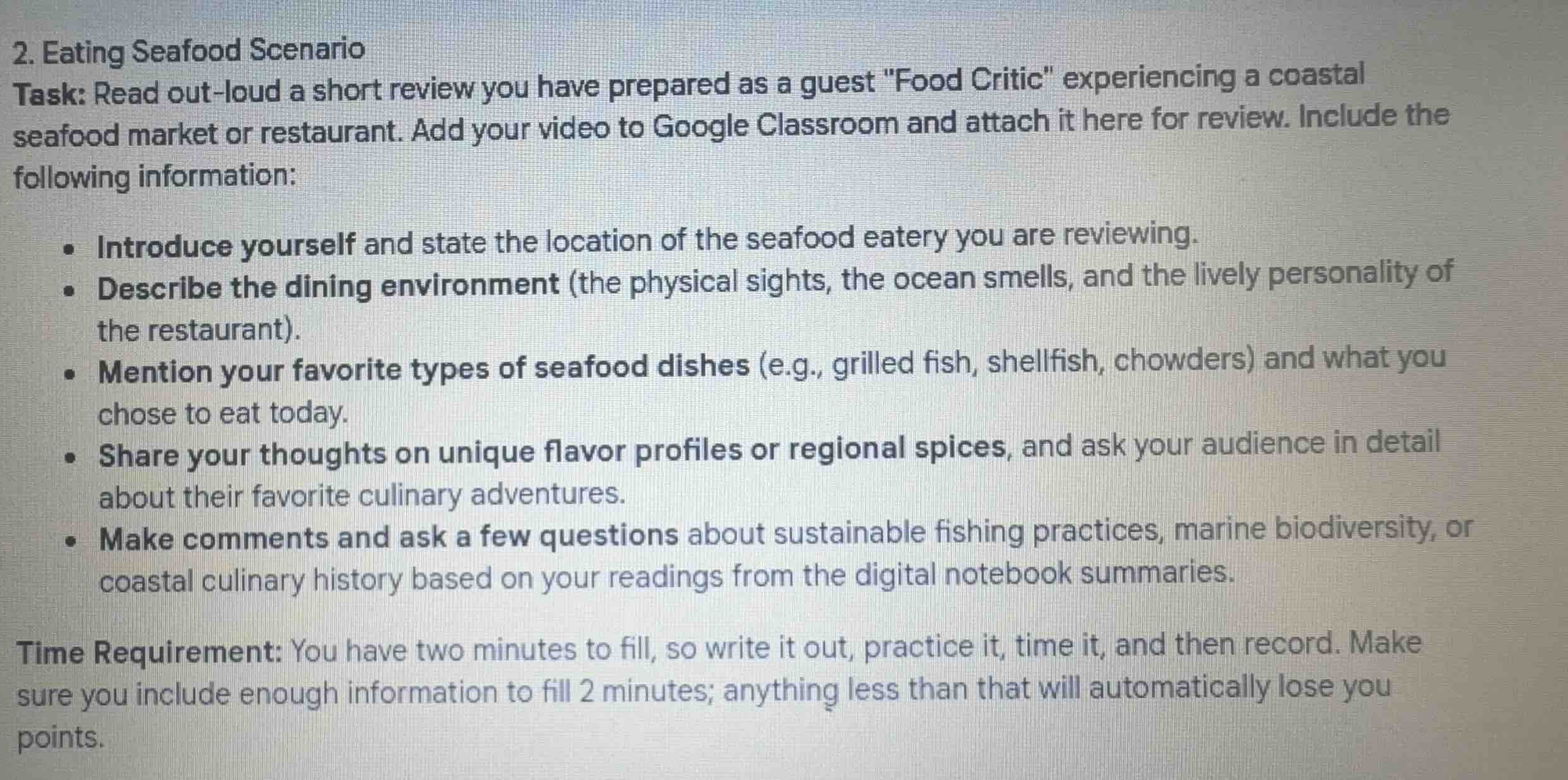 2. eating seafood scenario task: read out-loud a short review you have …