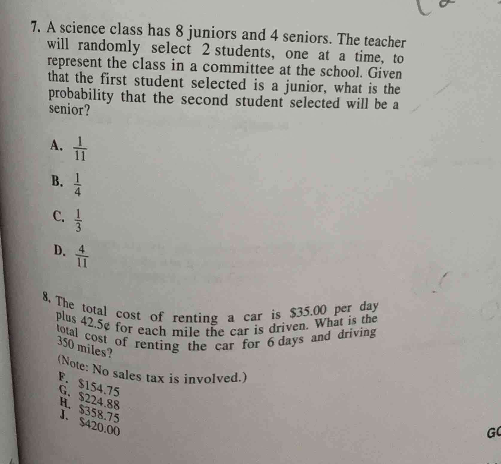 7. a science class has 8 juniors and 4 seniors. the teacher will random…