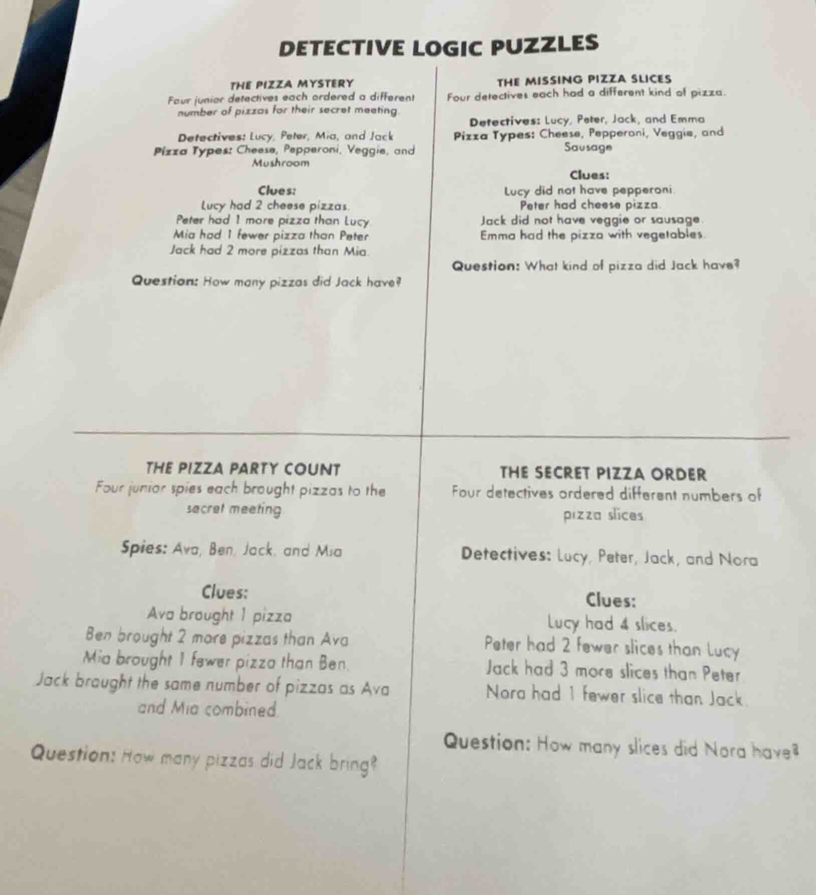 detective logic puzzles the pizza mystery four junior detectives each o…