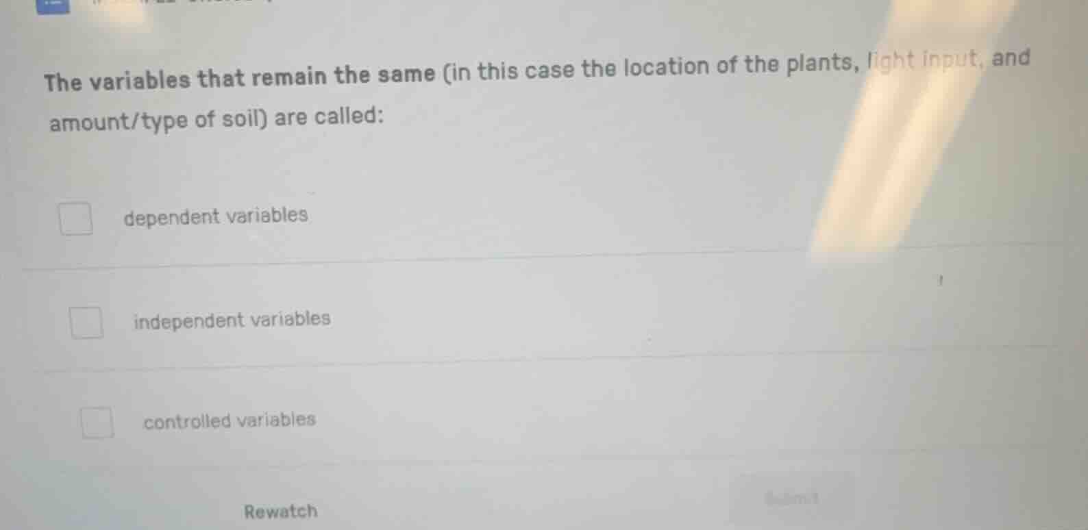 the variables that remain the same (in this case the location of the pl…