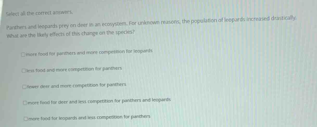 select all the correct answers. panthers and leopards prey on deer in a…