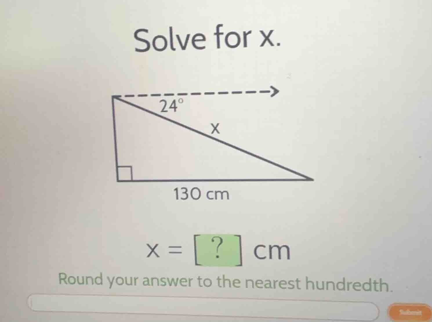 solve for x. image of a right-angled triangle with a horizontal base of…