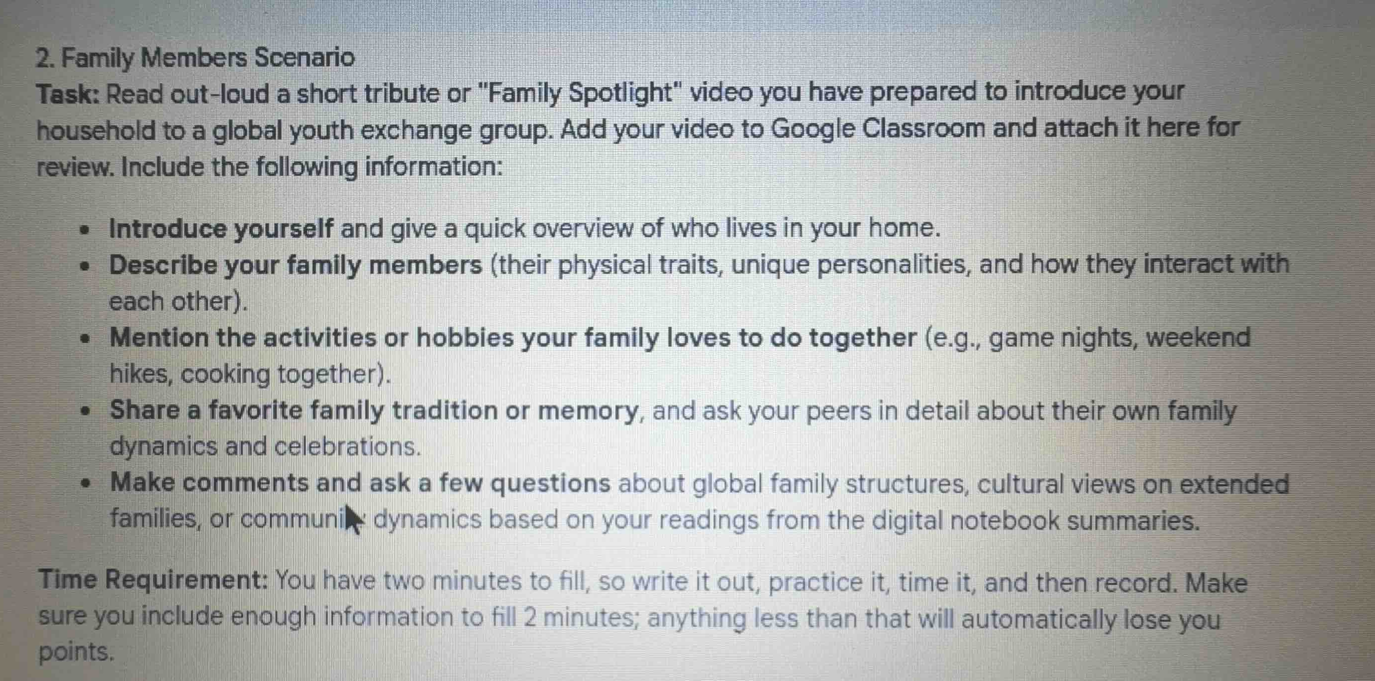 2. family members scenario task: read out-loud a short tribute or \fami…