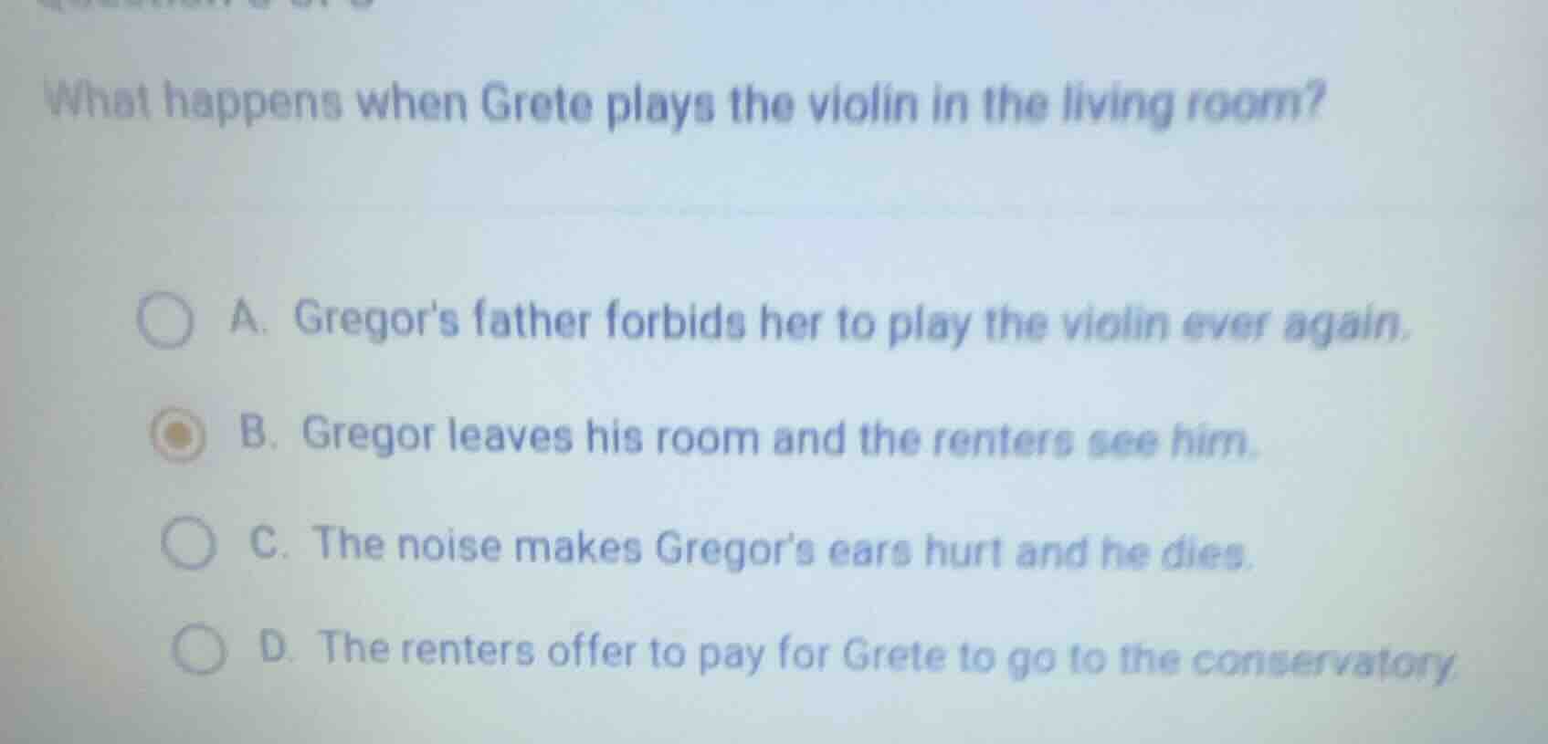 what happens when grete plays the violin in the living room? a. gregors…
