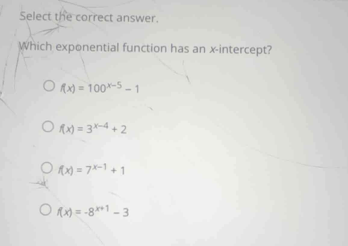 select the correct answer. which exponential function has an x-intercep…