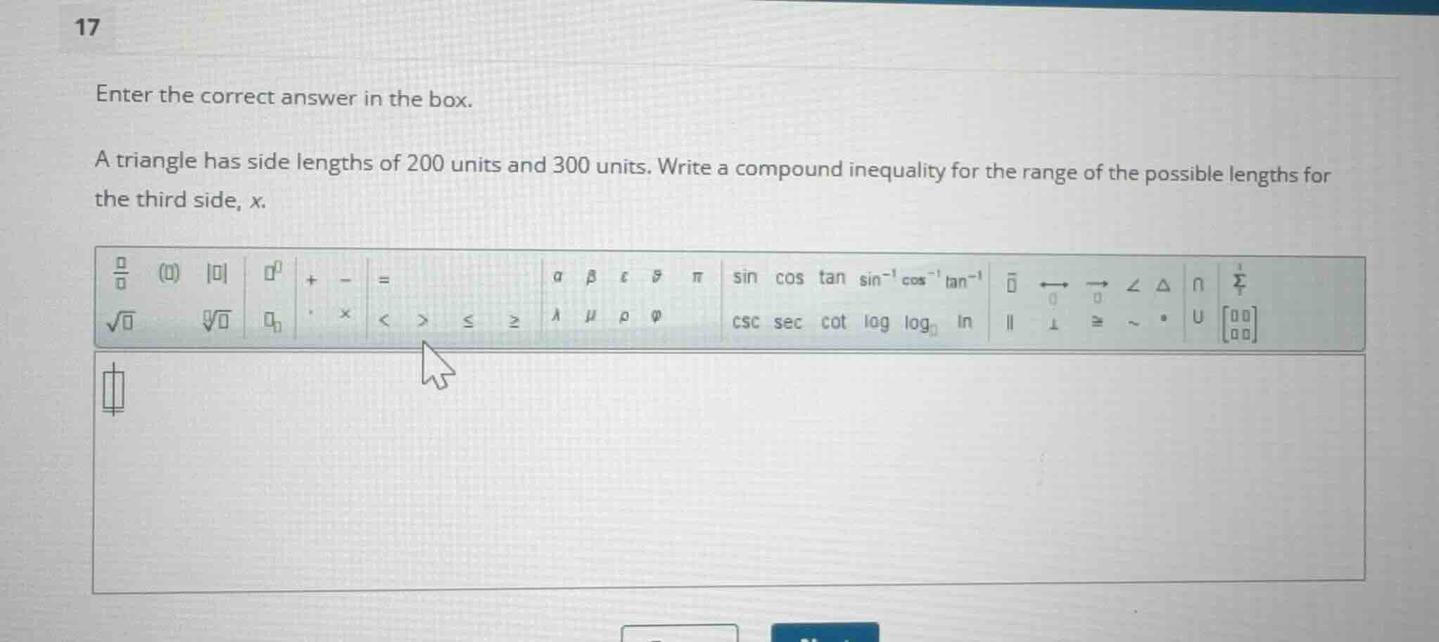 enter the correct answer in the box. a triangle has side lengths of 200…