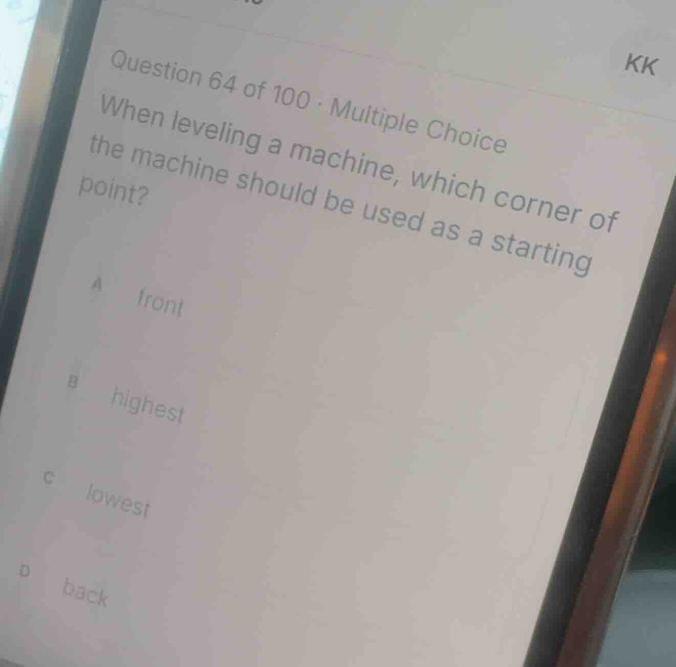 question 64 of 100 · multiple choice when leveling a machine, which cor…