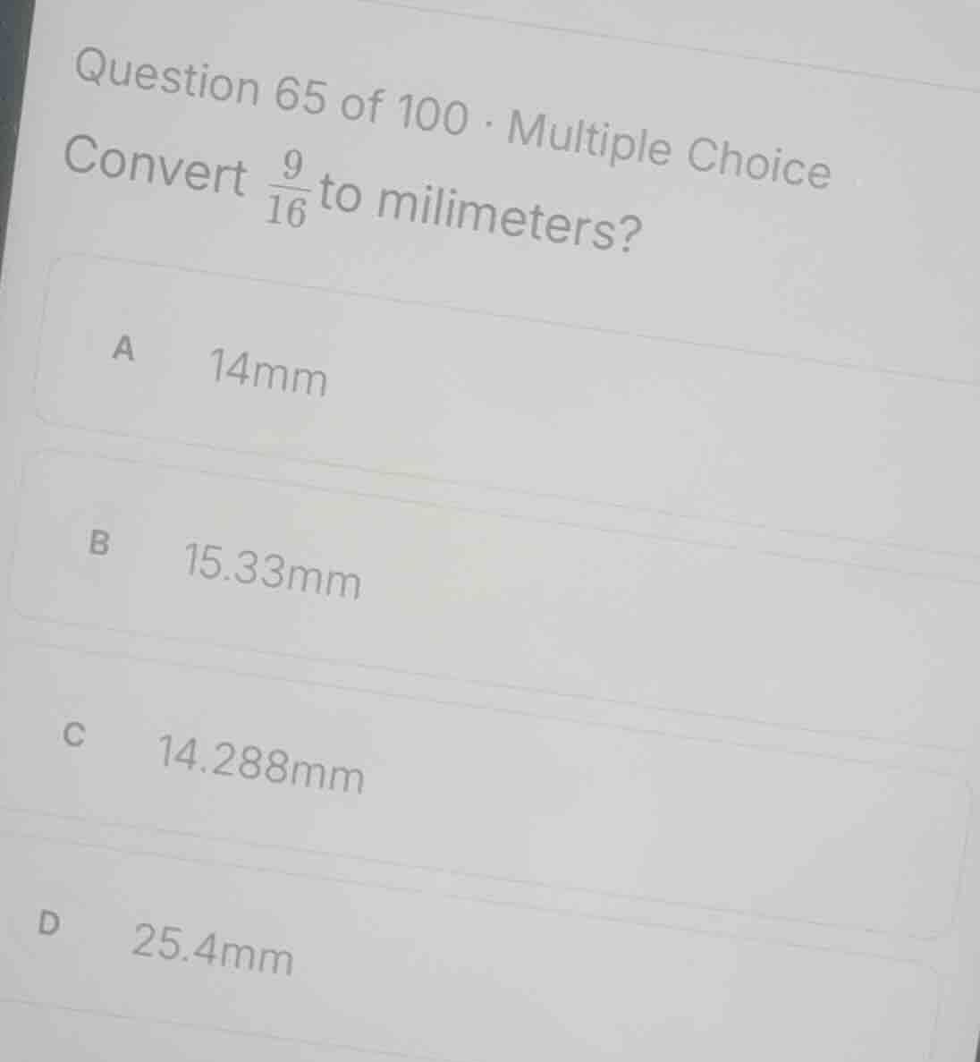 question 65 of 100 - multiple choice convert \\(\\frac{9}{16}\\) to mil…