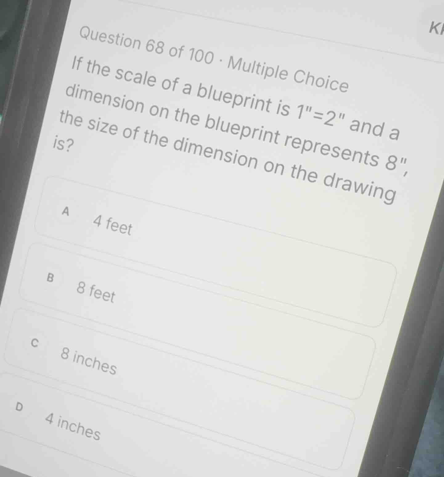 question 68 of 100 · multiple choice if the scale of a blueprint is 1\=…