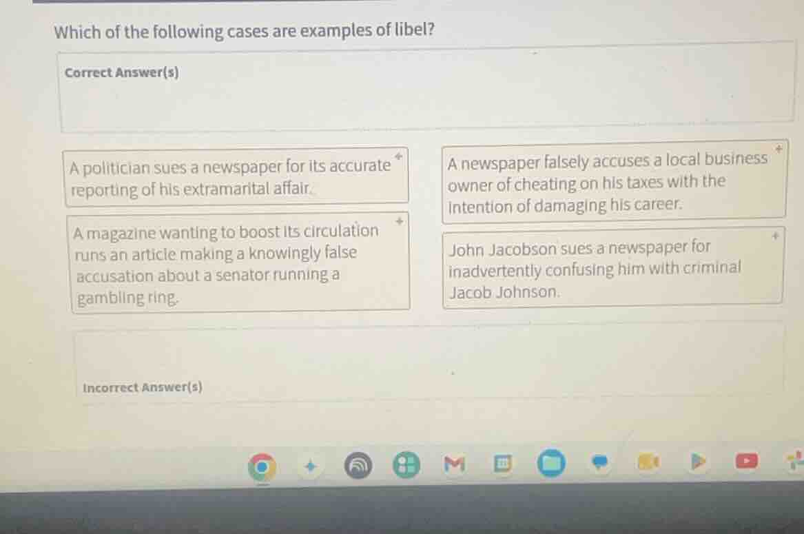 which of the following cases are examples of libel? correct answer(s) -…