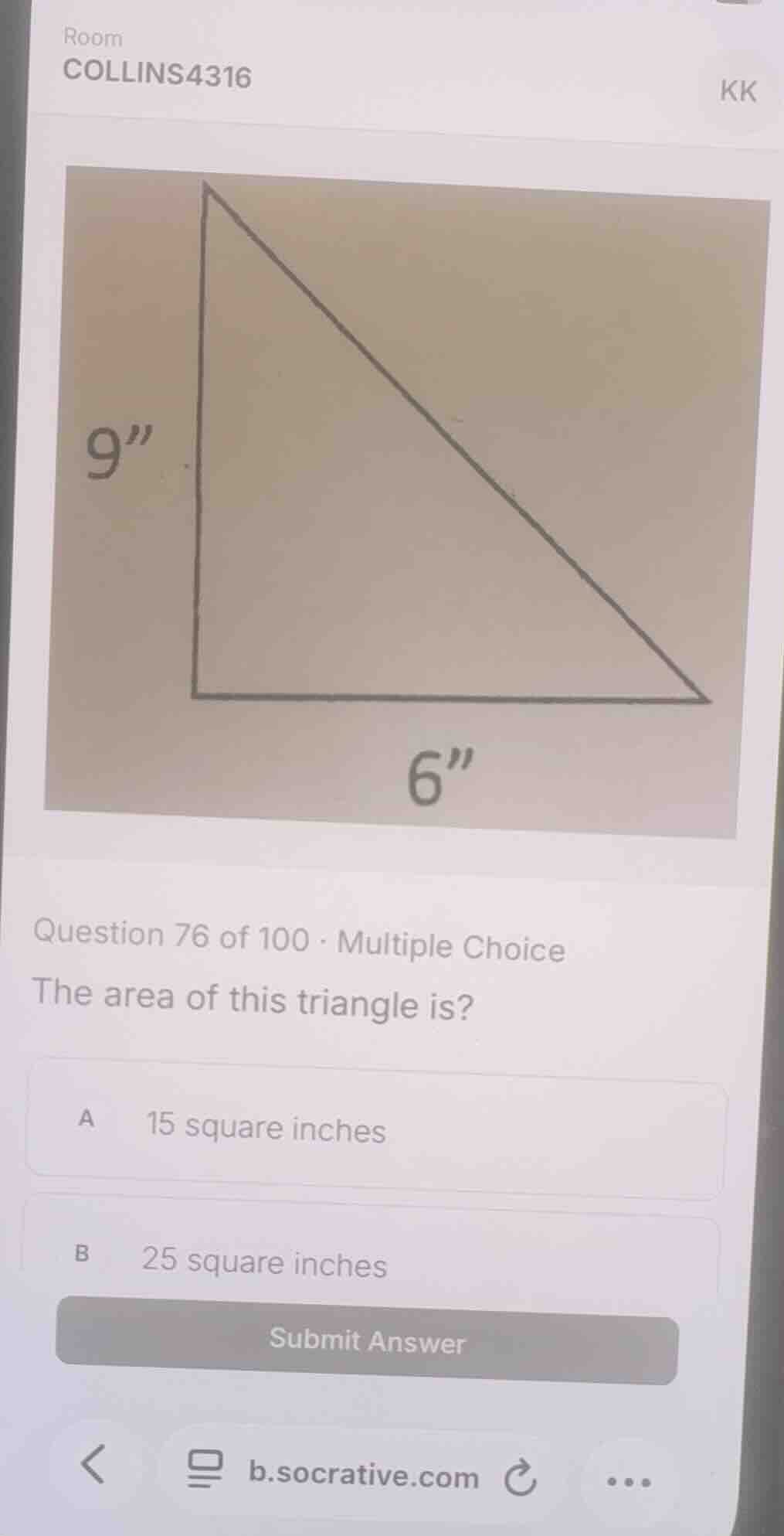 question 76 of 100 - multiple choice the area of this triangle is? a 15…