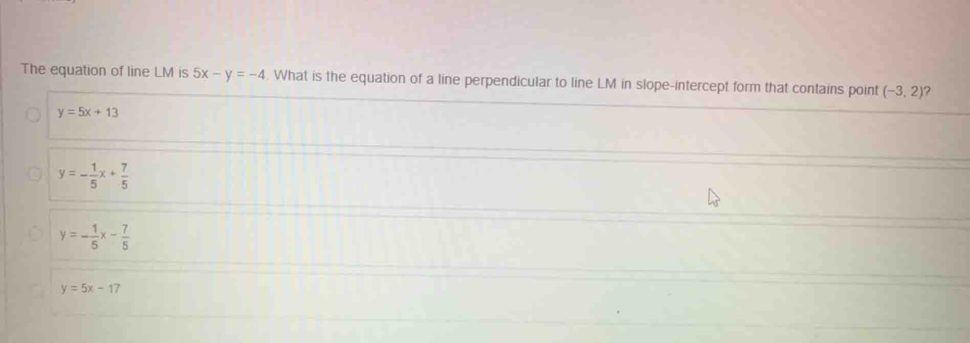 the equation of line lm is \\(5x - y = -4\\). what is the equation of a…
