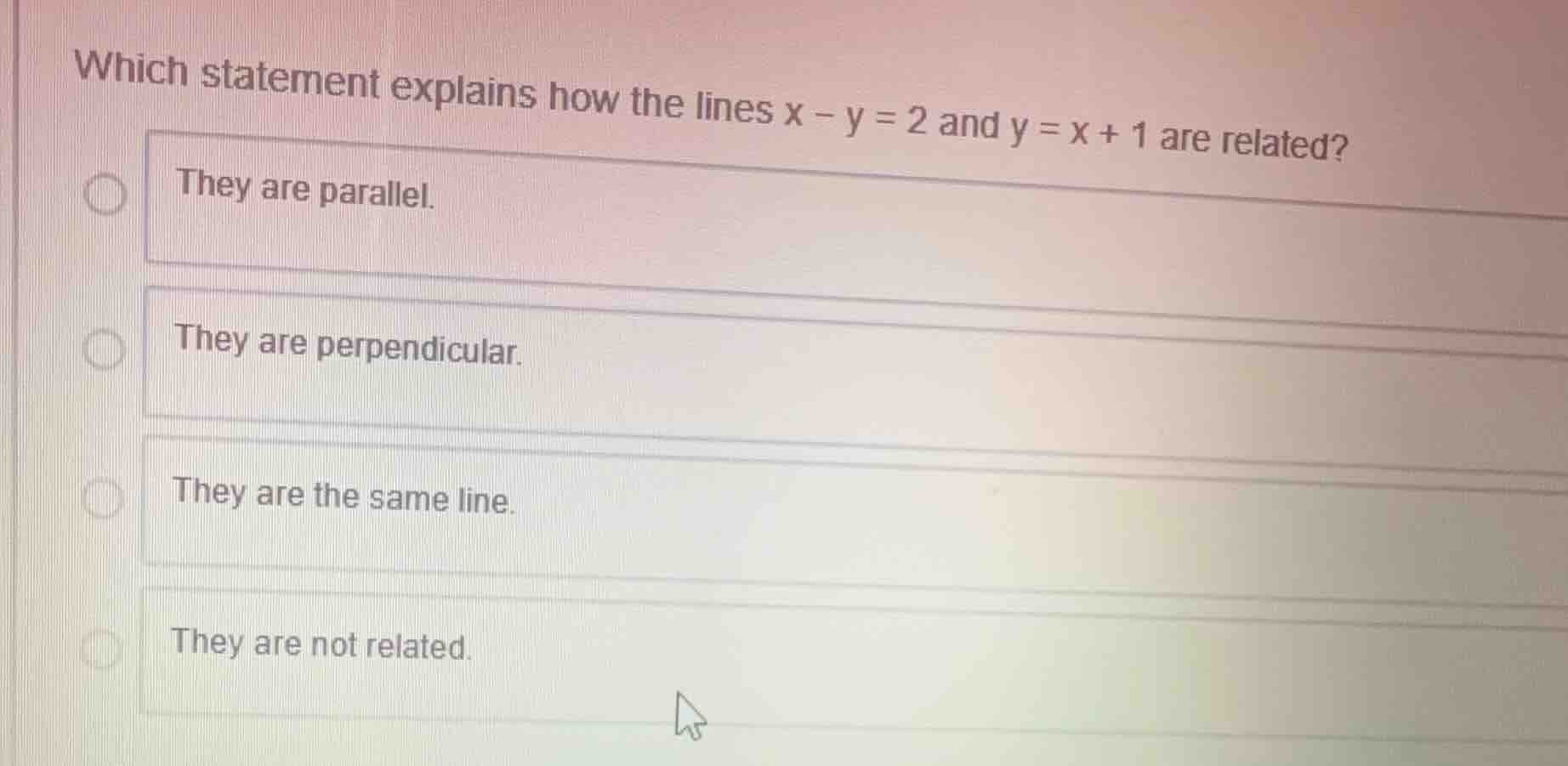 which statement explains how the lines \\(x - y = 2\\) and \\(y = x + 1…