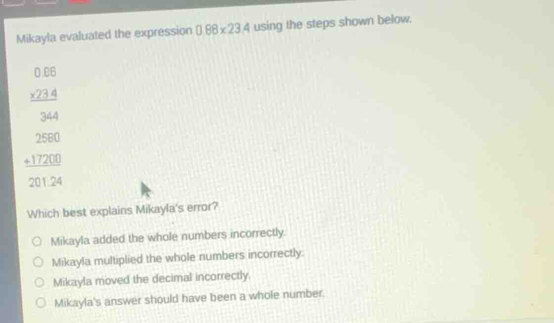 mikayla evaluated the expression \\(0.86 \\times 23.4\\) using the step…