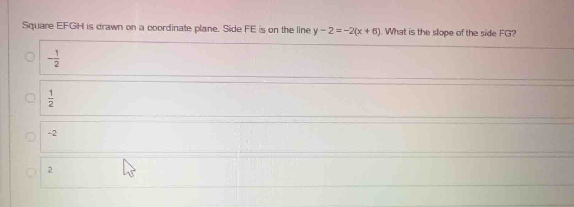 square efgh is drawn on a coordinate plane. side fe is on the line \\(y…