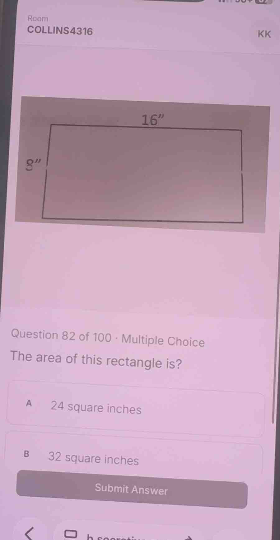 the area of this rectangle is? a 24 square inches b 32 square inches