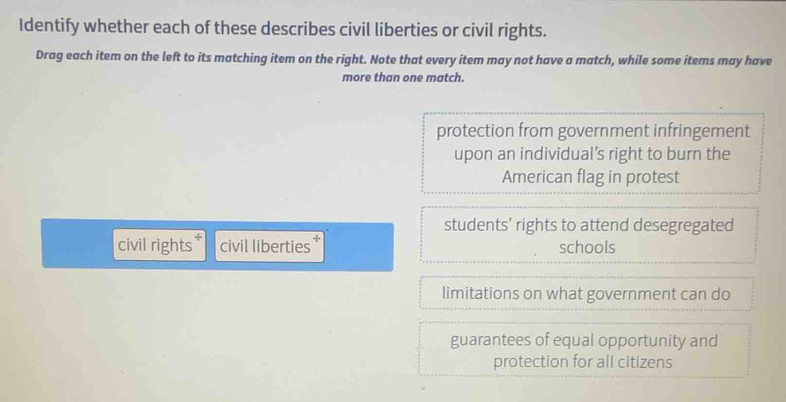 identify whether each of these describes civil liberties or civil right…