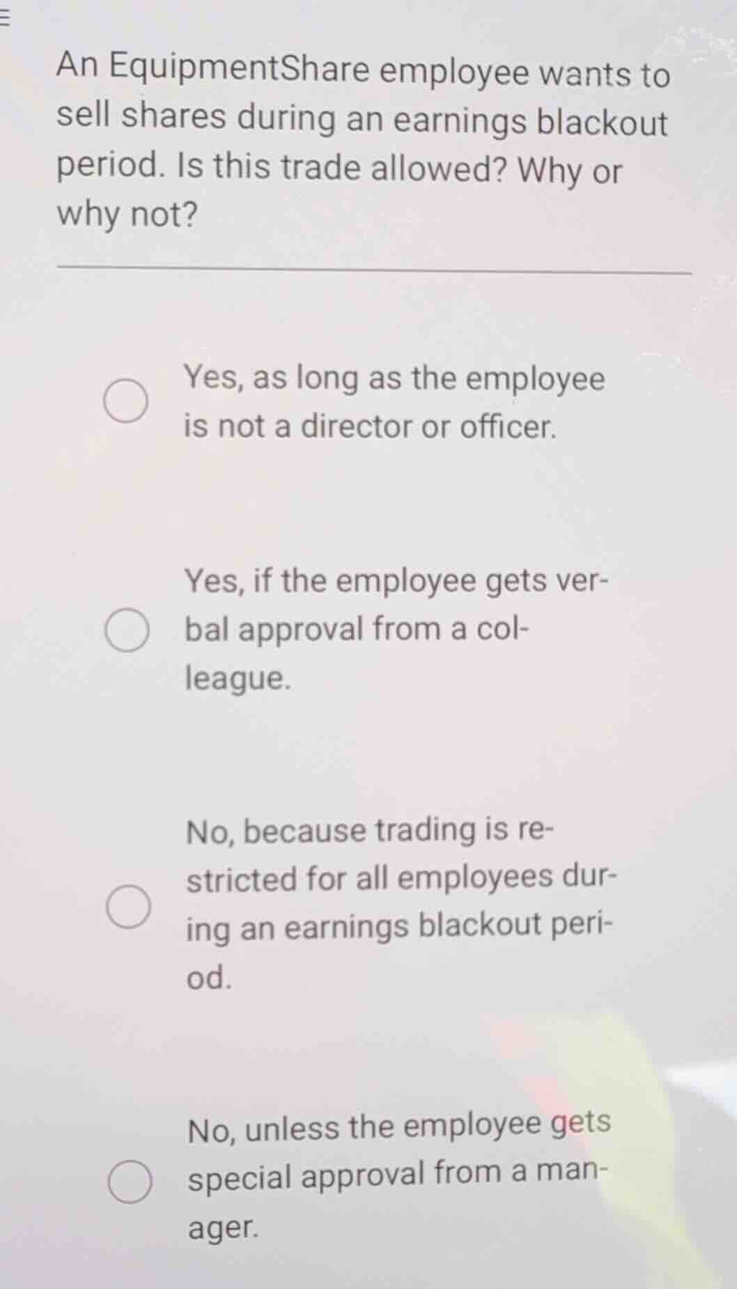 an equipmentshare employee wants to sell shares during an earnings blac…