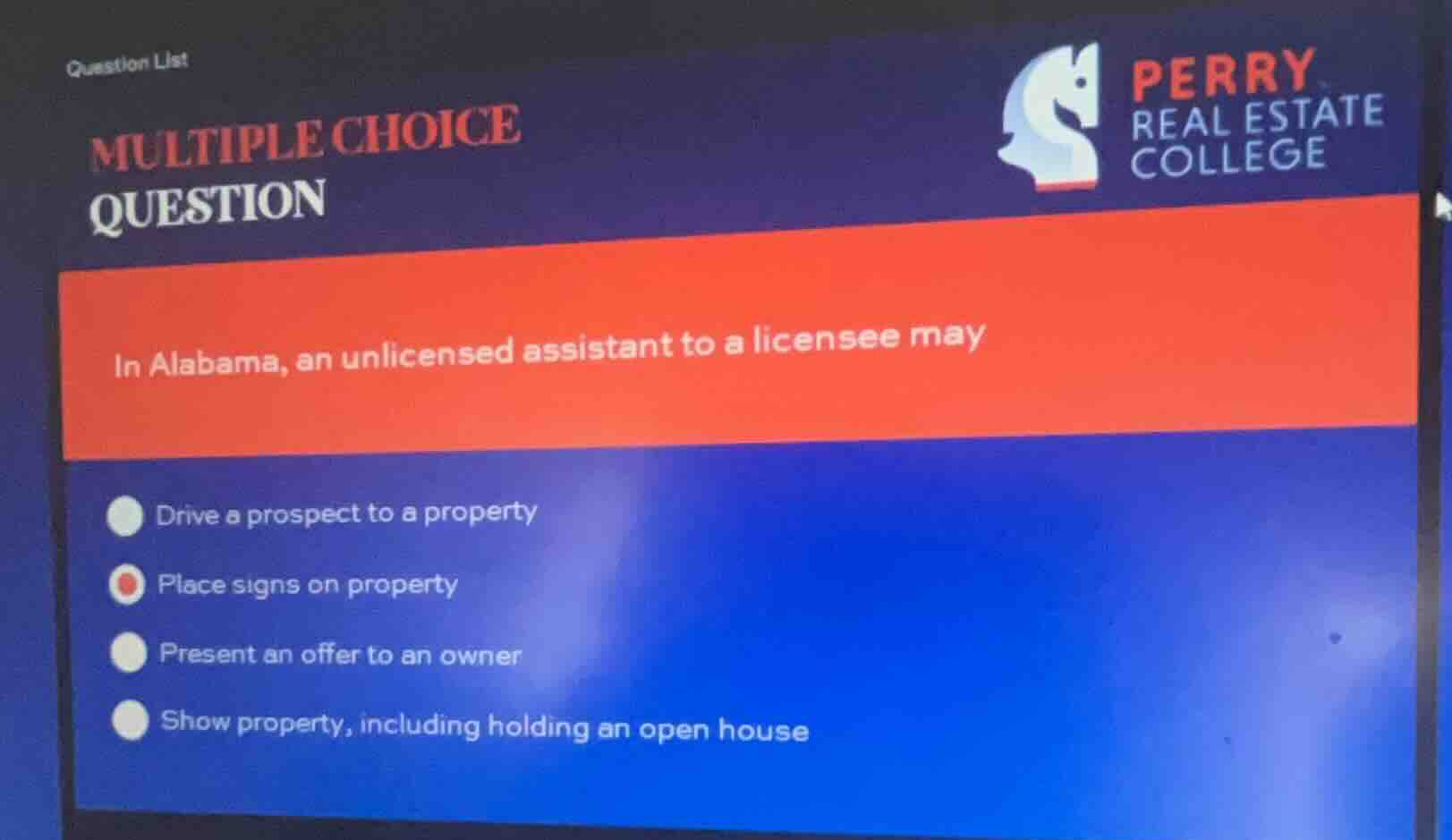 in alabama, an unlicensed assistant to a licensee may - drive a prospec…