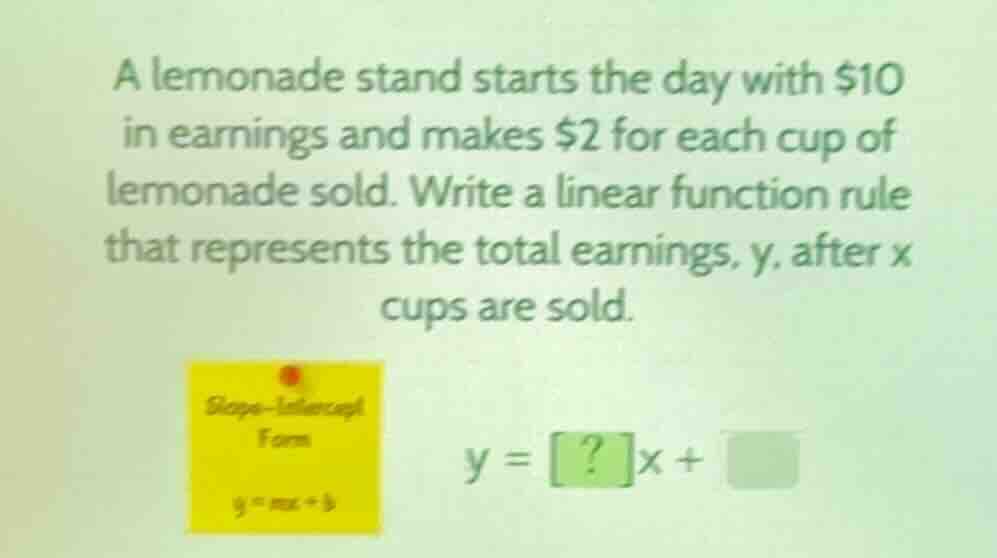 a lemonade stand starts the day with \\$10 in earnings and makes \\$2 f…