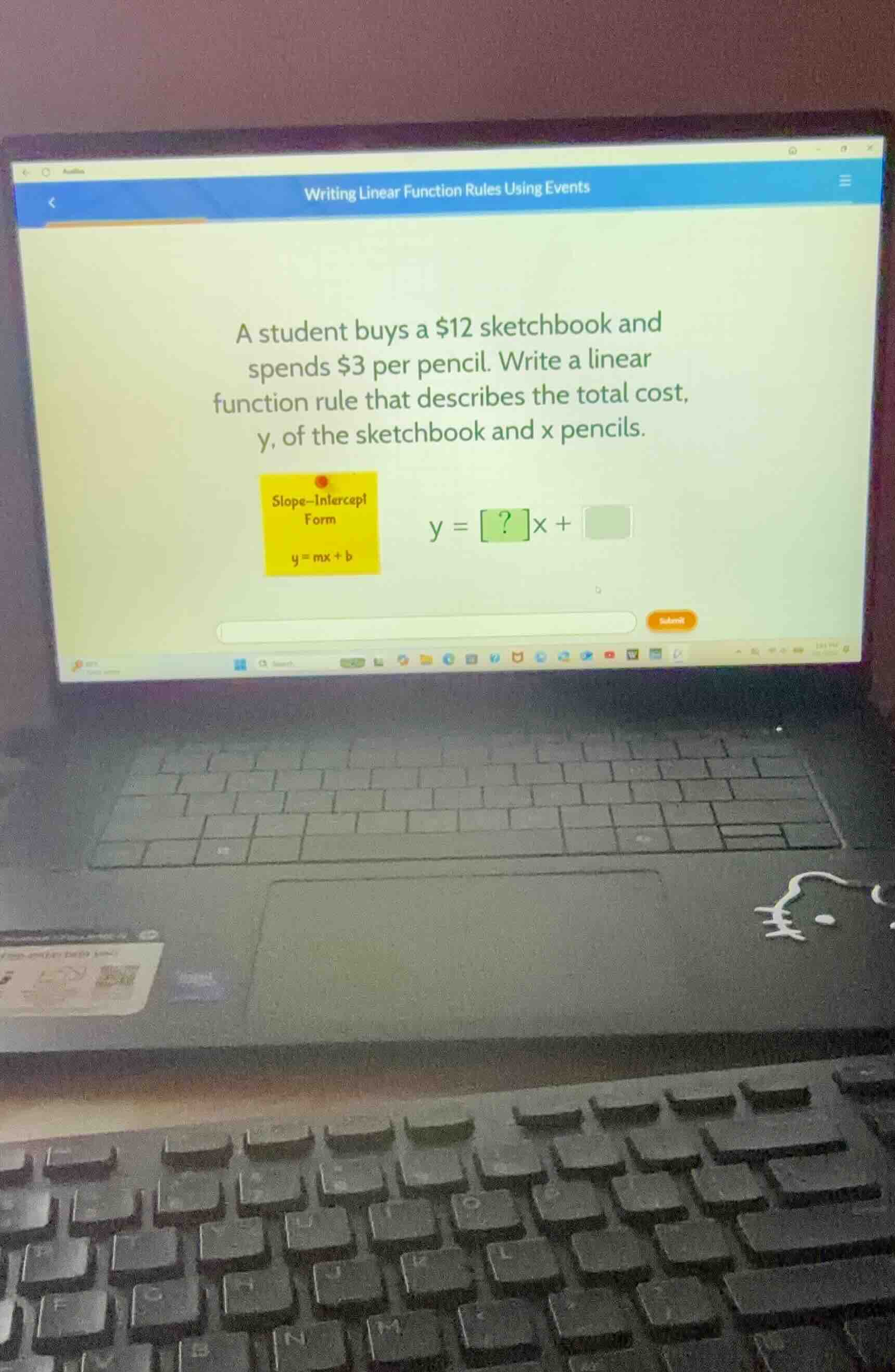writing linear function rules using events a student buys a $12 sketchb…